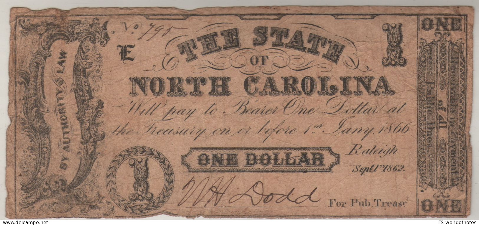 USA   $ 1  "The State Of North Carolina "  Dated 1st Sept. 1862   ( Issued-genuine ! ) - Divisa Confederada (1861-1864)