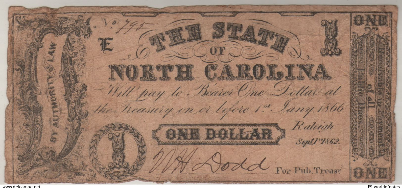 USA   $ 1  "The State Of North Carolina "  Dated 1st Sept. 1862   ( Issued-genuine ! ) - Valuta Della Confederazione (1861-1864)