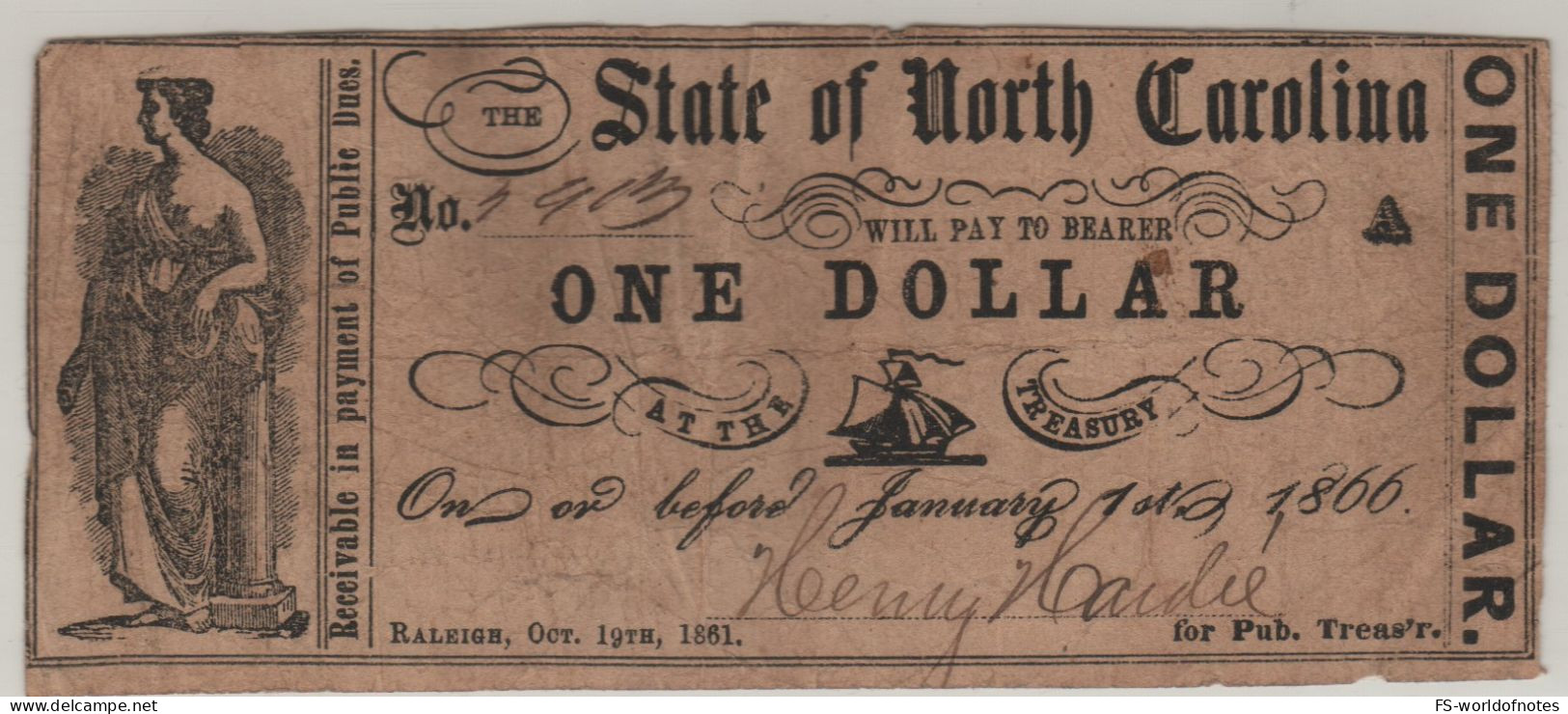 USA   $ 1  "The State Of North Carolina "  Dated 1st Jan. 1866   ( Issued-genuine ! ) - Confederate (1861-1864)