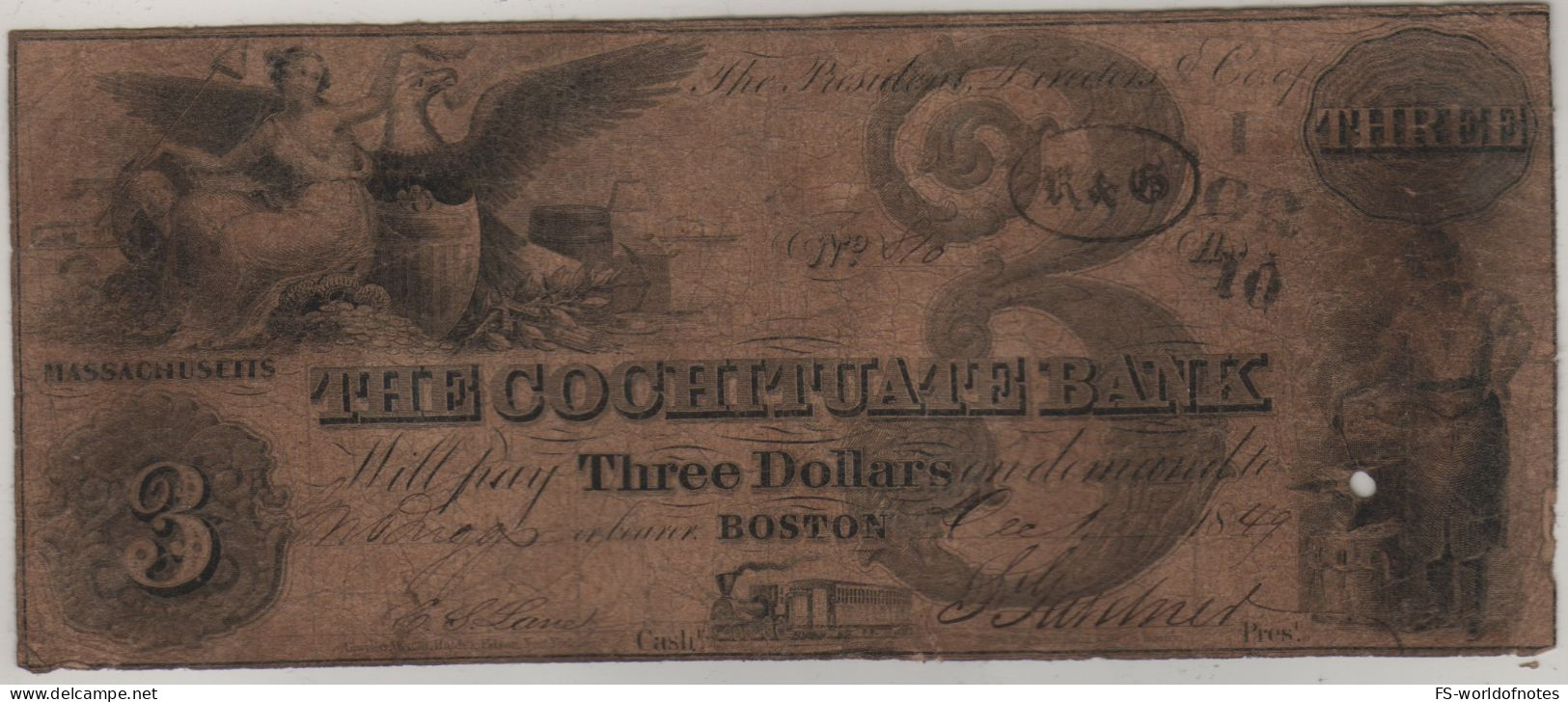 USA   $ 3  "The COCHITUATE Bank   Boston "  Dated 1849     ( Issued-genuine ! ) - Divisa Confederada (1861-1864)