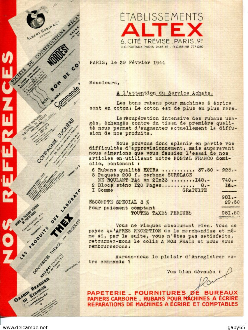 FACTURE.PARIS.PAPÈTERIE.FOURNITURES DE BUREAUX.PAPIERS CARBONE.ETS.ALTEX 6 CITÉ TRÉVISE. - Printing & Stationeries