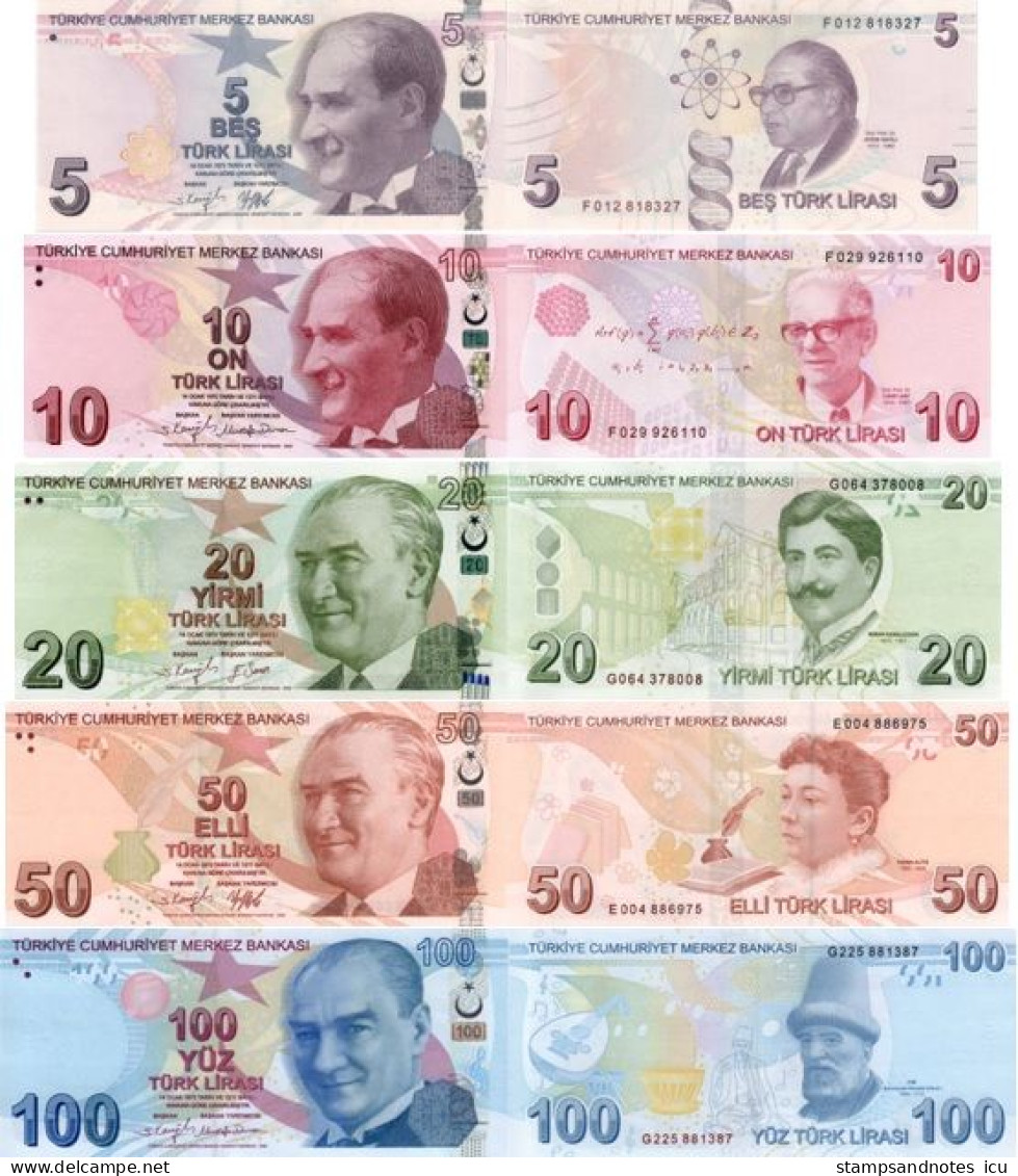 TURKEY 5 10 20 50 100 Lirasi L. 1970 / 2009 P 222 223 224 225 226 UNC 5 Banknotes - Turkey