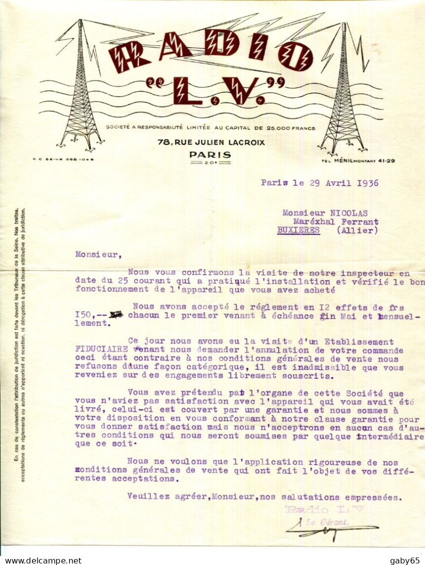 FACTURE.PARIS.RADIO " L.V. " 78 RUE JULIEN LACROIX - Elektrizität & Gas