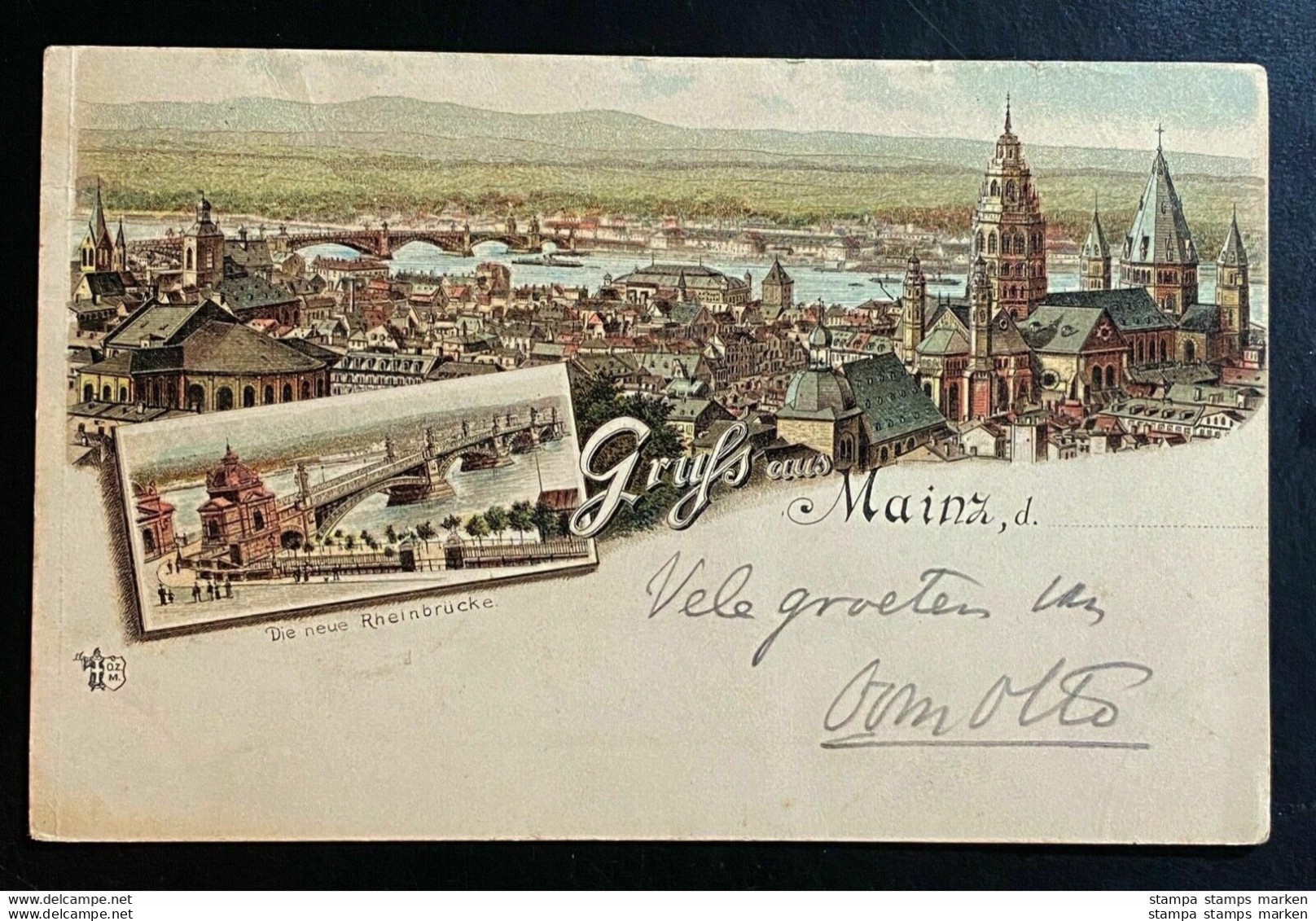 AK Litho Gruss Aus MAINZ - Die Neue Rheinbrücke Bahnpoststempel Cöln-Frankfurt 1900 - Mainz