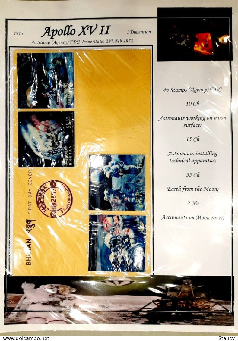 BHUTAN 1973 COLLECTION of 3d APOLLO XVI Brochure + 2v SET+ 2 Souvenir Sheets + official FDC + 2 + 2 agency SS + SET FDC