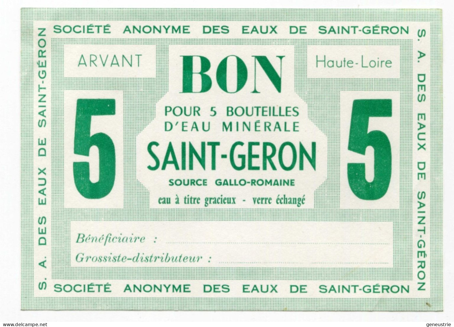 Billet De Nécessité "Bon Pour 5 Bouteilles D'eau Minérale Saint Géron / Arvant / Haute-Loire" - Bons & Nécessité