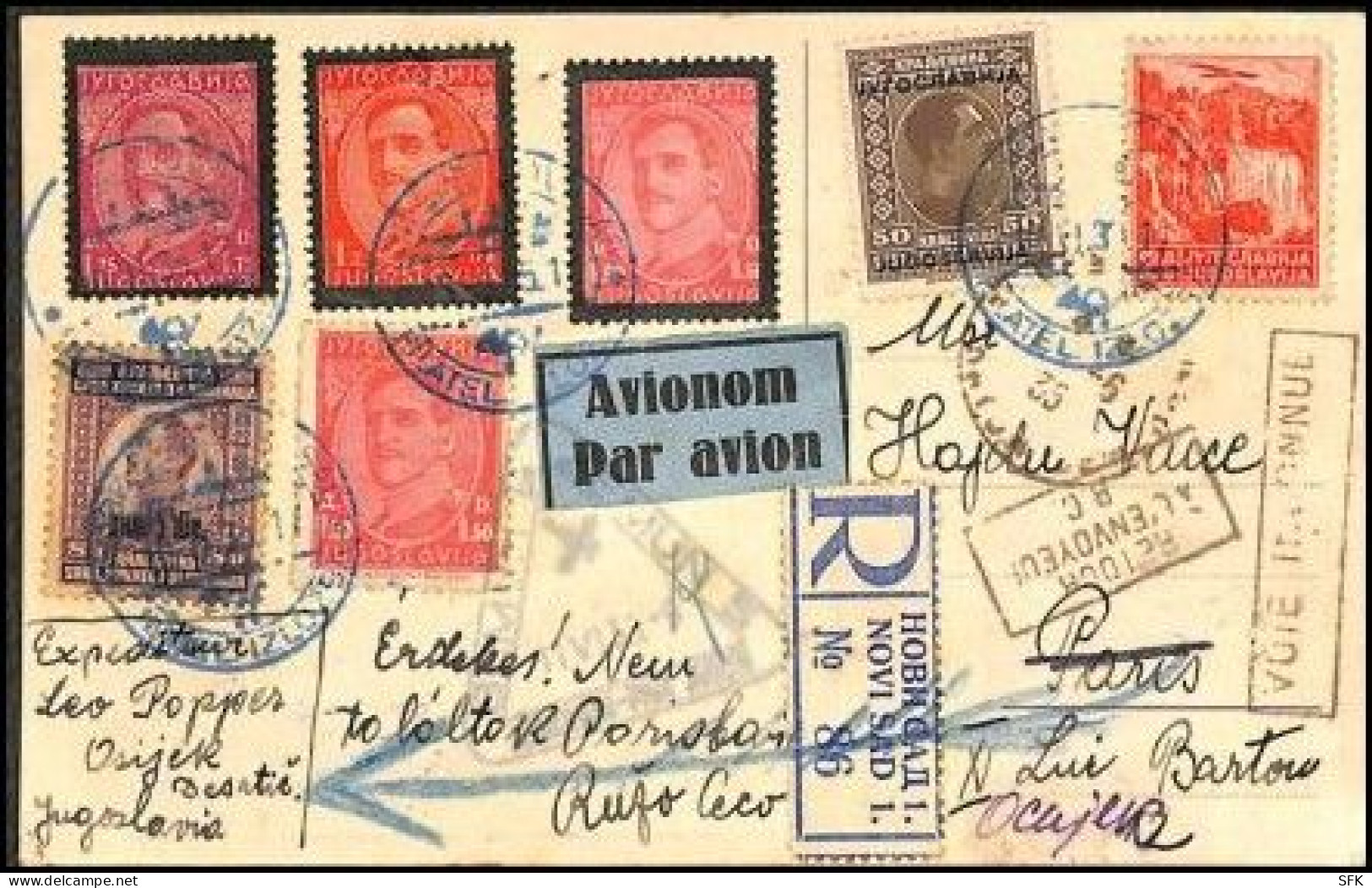 1933 Registered Card Attractively Franked Sent By Airmail Via Zemun 5 Triangular Cancel For Paris, VF - Luftpost