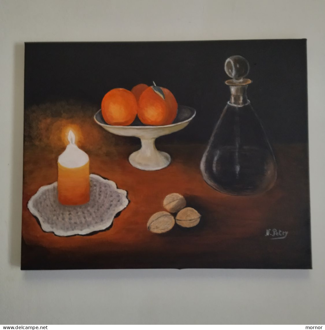 TABLEAU Nature Morte  Pichet  Coupe Fruits Bougie Noix Peinture Acrylique Sur Toile Signé N.Petry - Acryliques