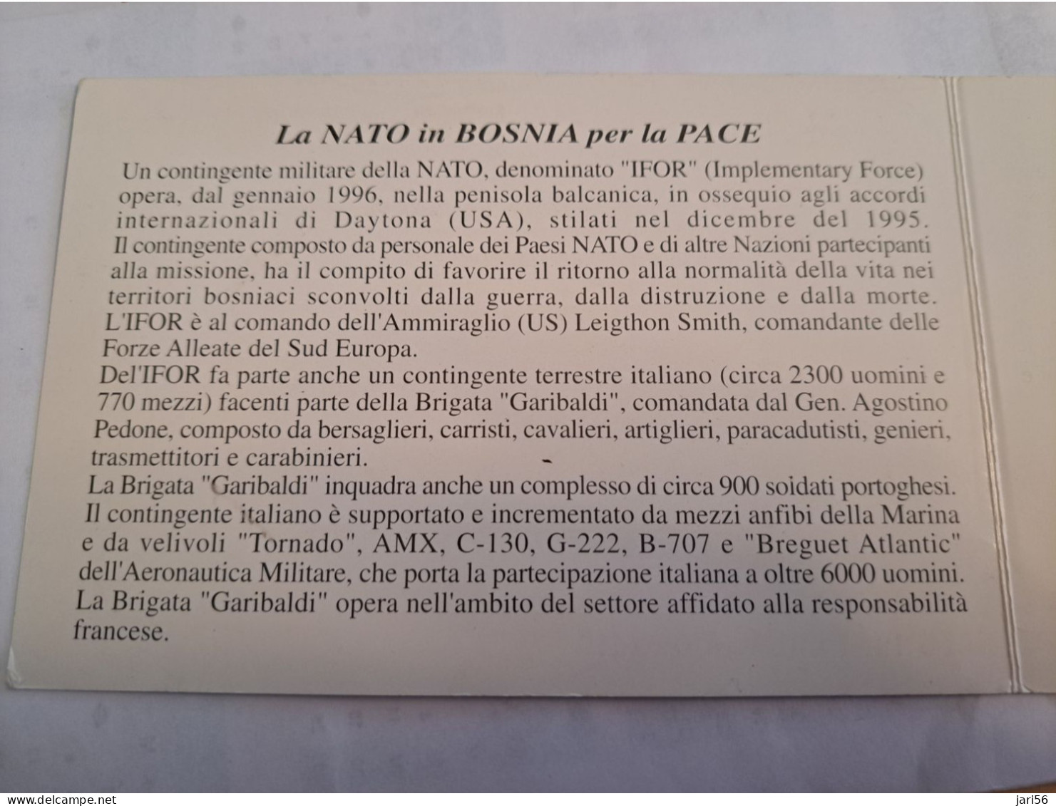 ITALIA LIRE 2000 /MILITAIR/  NATO FOR PEACE IN BOSNIA / CARD IN PRESENTATION CARD / MINT    PREPAID   ** 16169** - Pubbliche Ordinarie