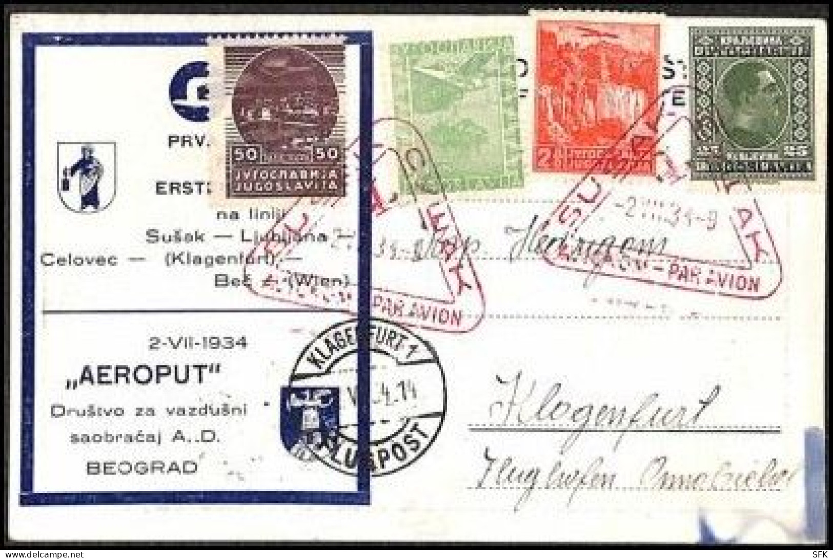 1934 AEROPUT Air Card Sent From First Flight Susak Klagenfurt With Rare Triangular Susak. VF - Poste Aérienne
