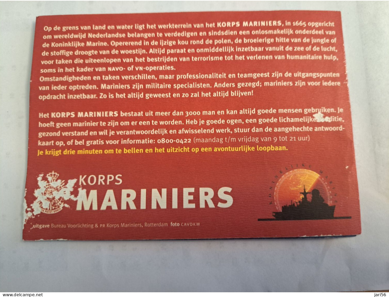 NETHERLANDS      ADVERTISING  / PREPAID / KORPS MARINIERS/ MARINES/ 3 MINUTES/IN CARNET/   MINT   ** 16170** - Privat