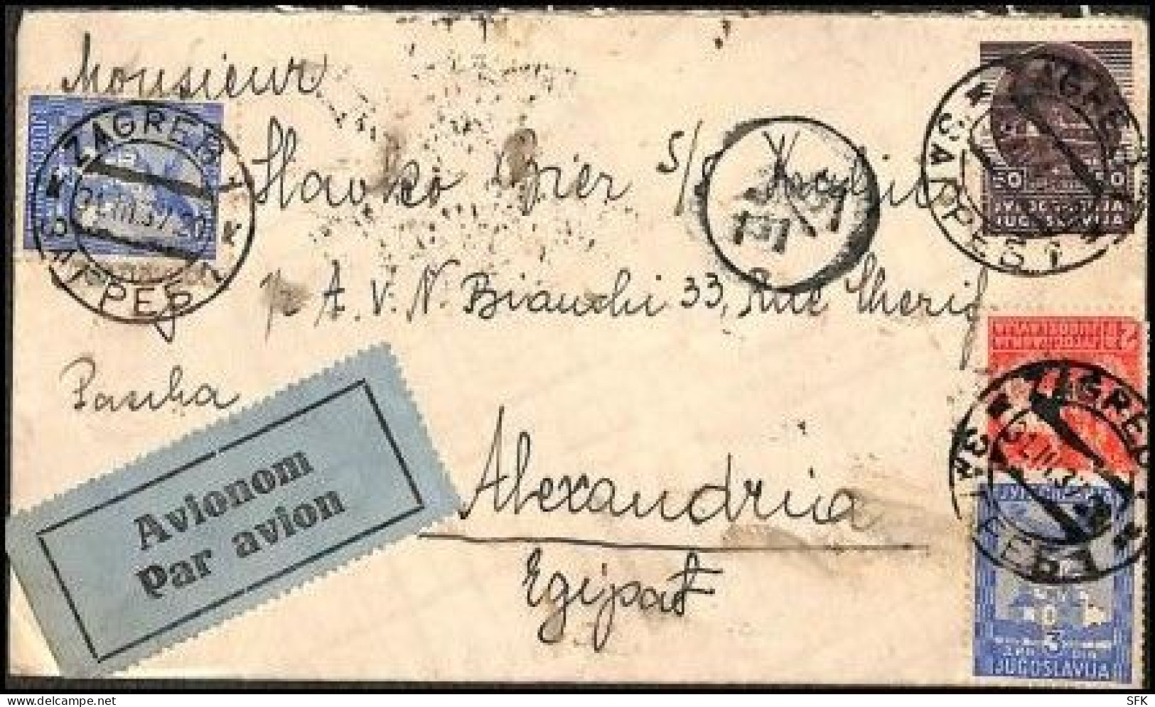 1937 Airmail Letter From Zagreb Via Airport 5 In Zemun For The Rare Destination Of Alexandria In Egypt, VF - Luftpost