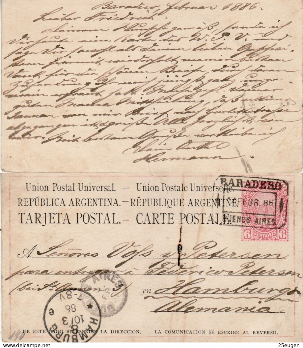 ARGENTINA 1886 POSTCARD SENT FROM BARADERO TO HAMBURG - Covers & Documents