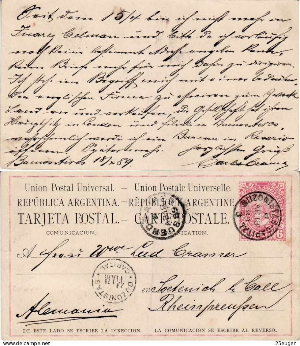 ARGENTINA 1889 POSTCARD SENT FROM BUENOS AIRES TO RHEINPREUSSEN - Storia Postale