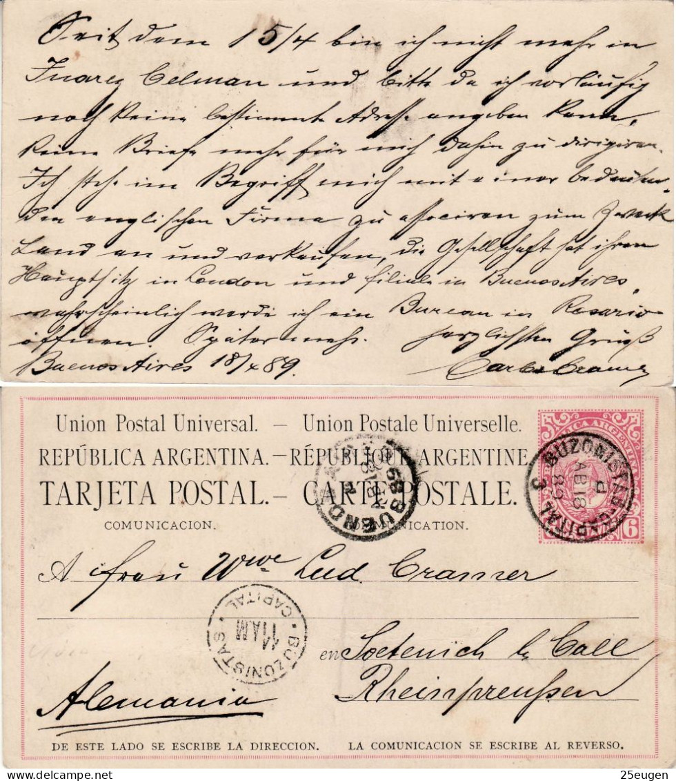 ARGENTINA 1889 POSTCARD SENT FROM BUENOS AIRES TO RHEINPREUSSEN - Lettres & Documents