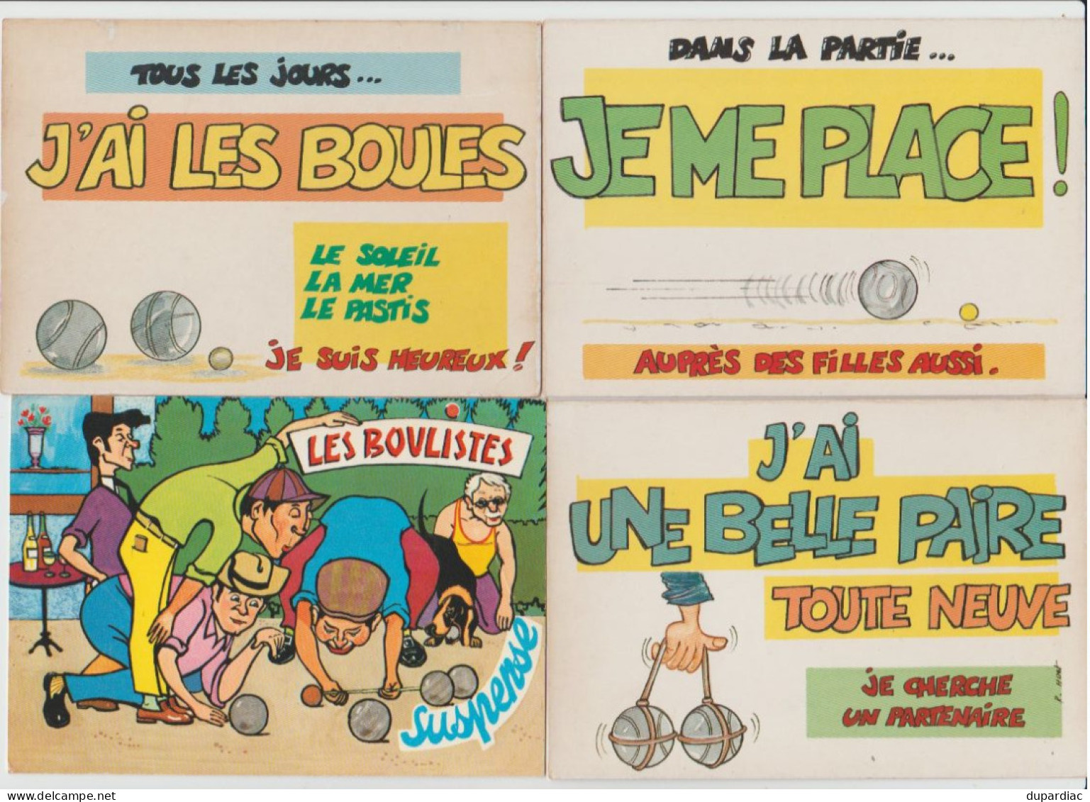 PETANQUE et jeux de boules : lot de 33 cartes postales humoristiques et terrains de jeux.