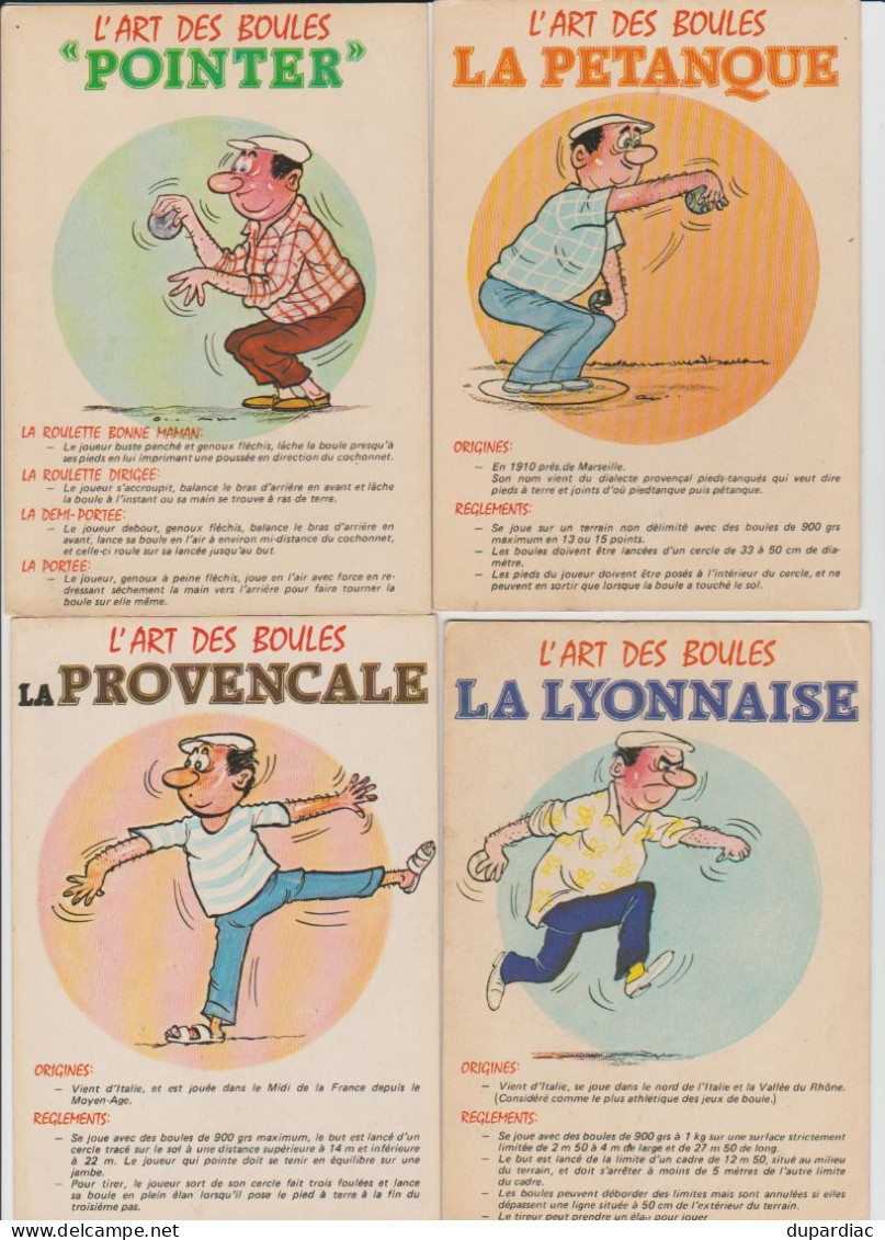 PETANQUE et jeux de boules : lot de 33 cartes postales humoristiques et terrains de jeux.