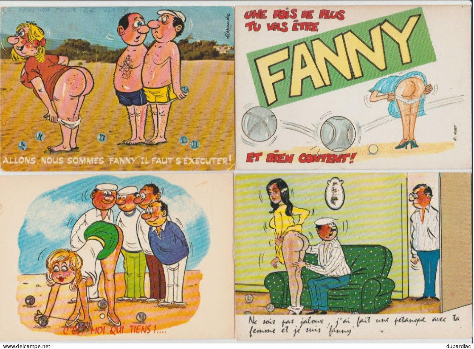 PETANQUE et jeux de boules : lot de 33 cartes postales humoristiques et terrains de jeux.