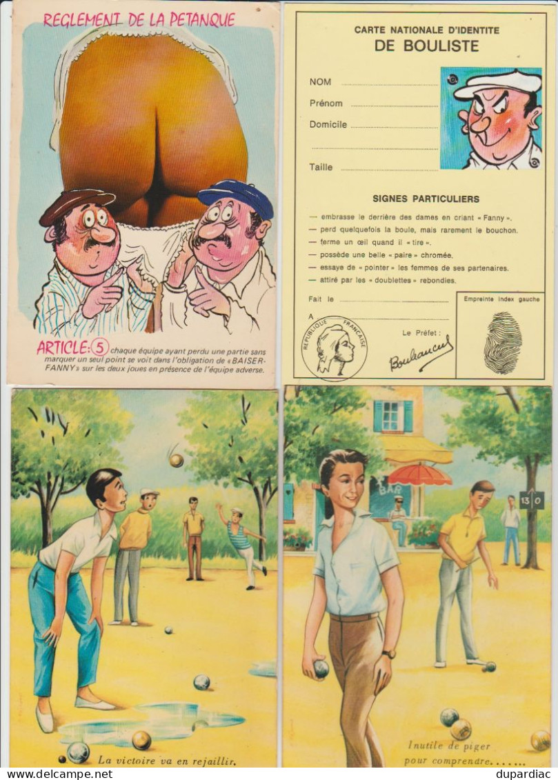 PETANQUE et jeux de boules : lot de 33 cartes postales humoristiques et terrains de jeux.