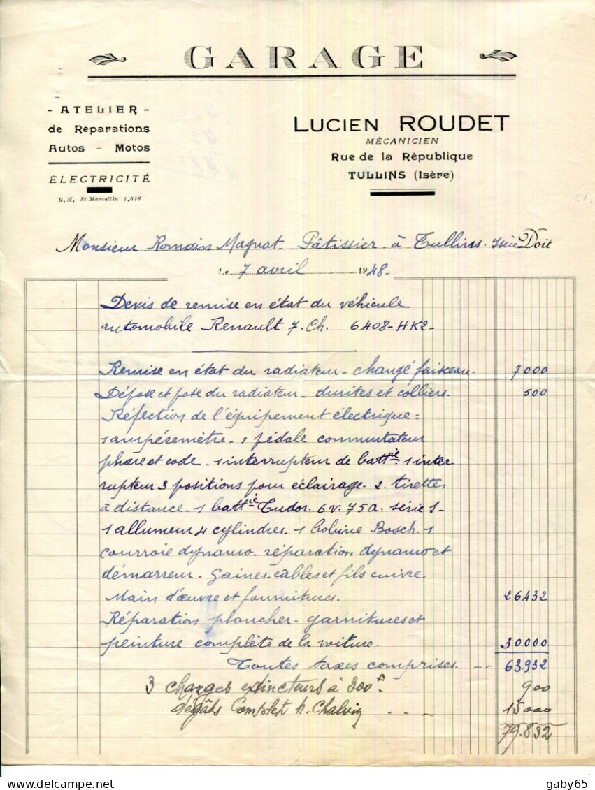 FACTURE.38.ISERE.TULLINS.GARAGE.REPARATIONS AUTOS-MOTOS.LUCIEN ROUDET RUE DE LA REPUBLIQUE. - Old Professions