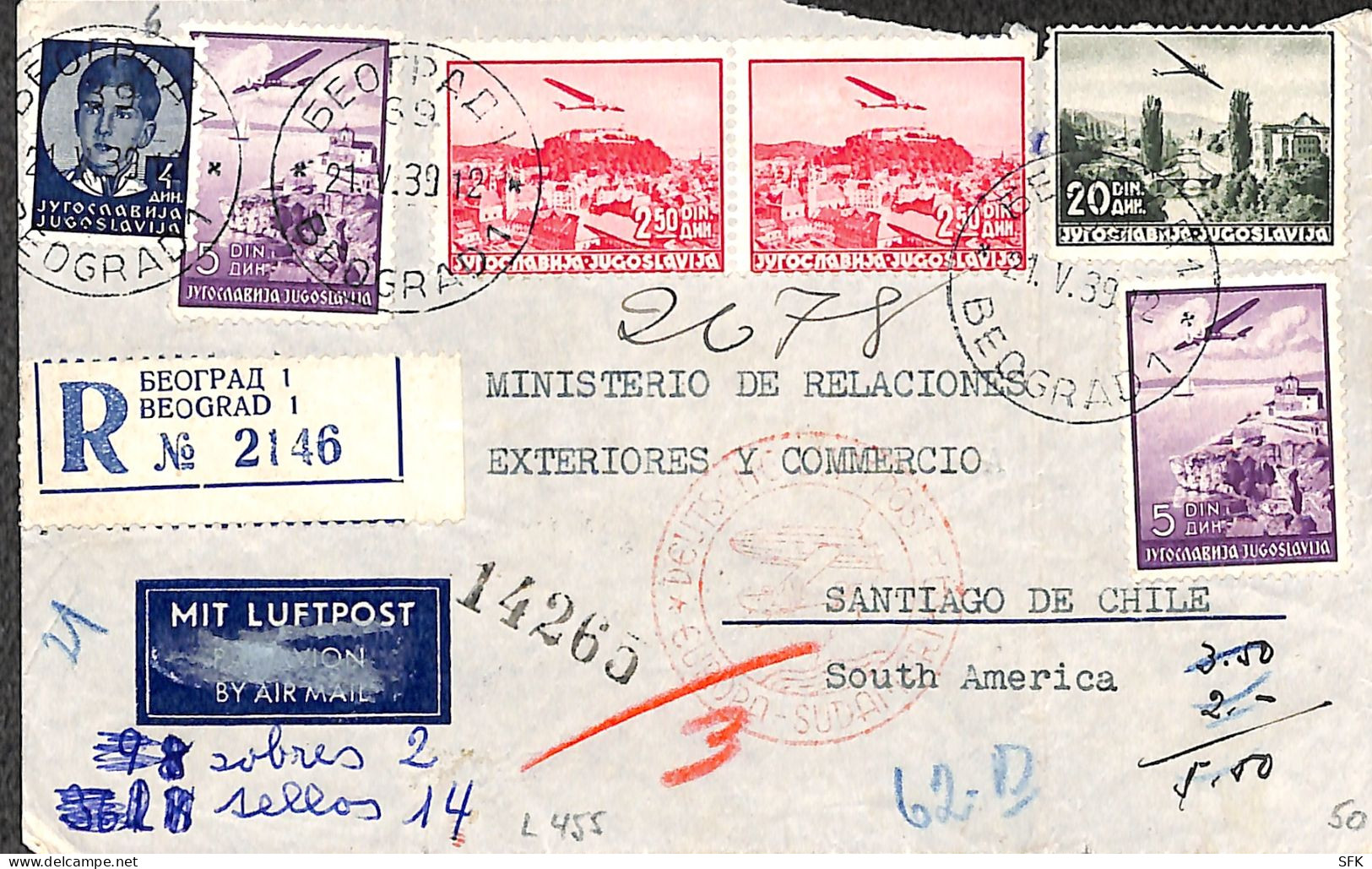 1939 SEAPLANE FLIGHT TO CHILE: Registered Letter Sent By Airmail BELGRADE - SANTIAGO DE CHILE, RARE FLIGHT - Luftpost