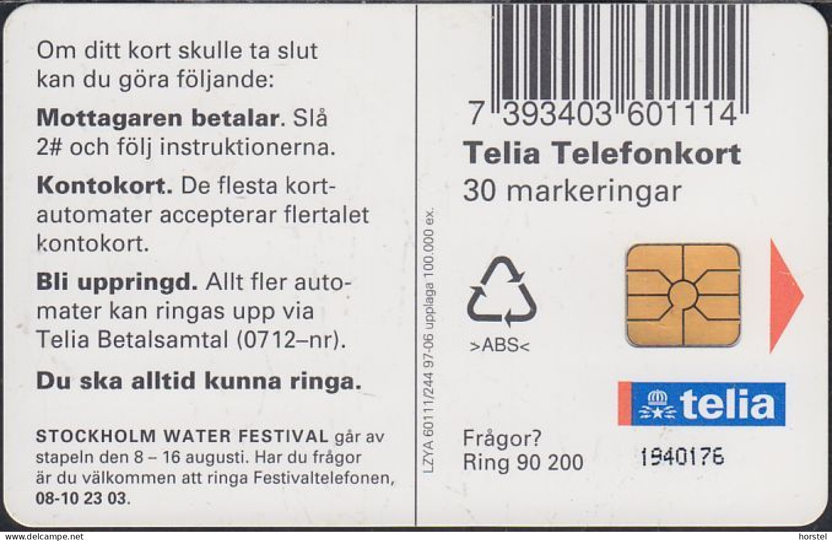 Schweden Chip 221 Stockholm Water Festival 1997 - Duck - Ente  (60111/244) 1940176 - Schweden