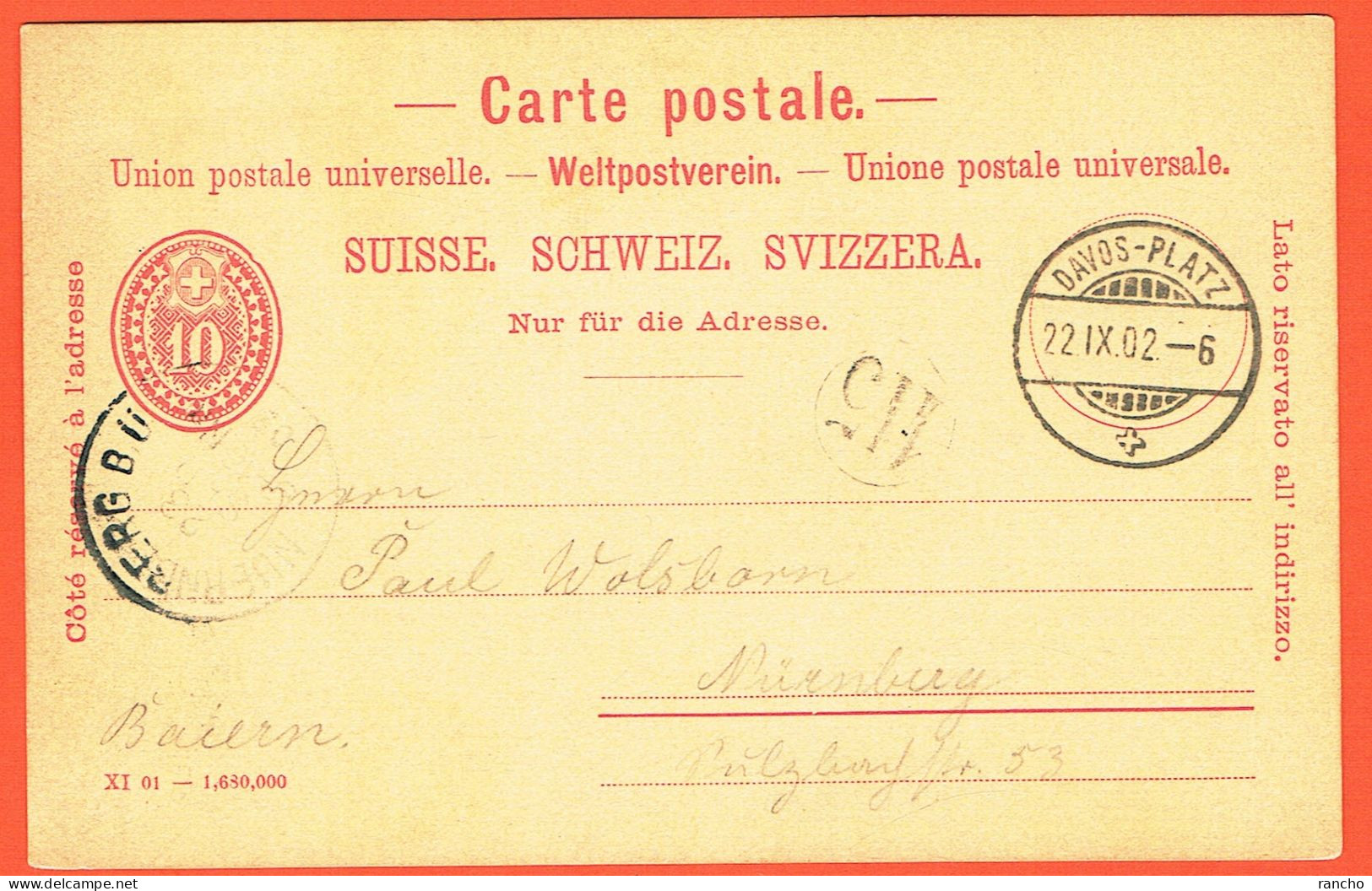 SUISSE . CARTE POSTALE . OBLITERE 2xCACHETS . DAVOS-PLATZ .22.9.1902. Pour . NÜERENBERG .23.9.1902. - Entiers Postaux