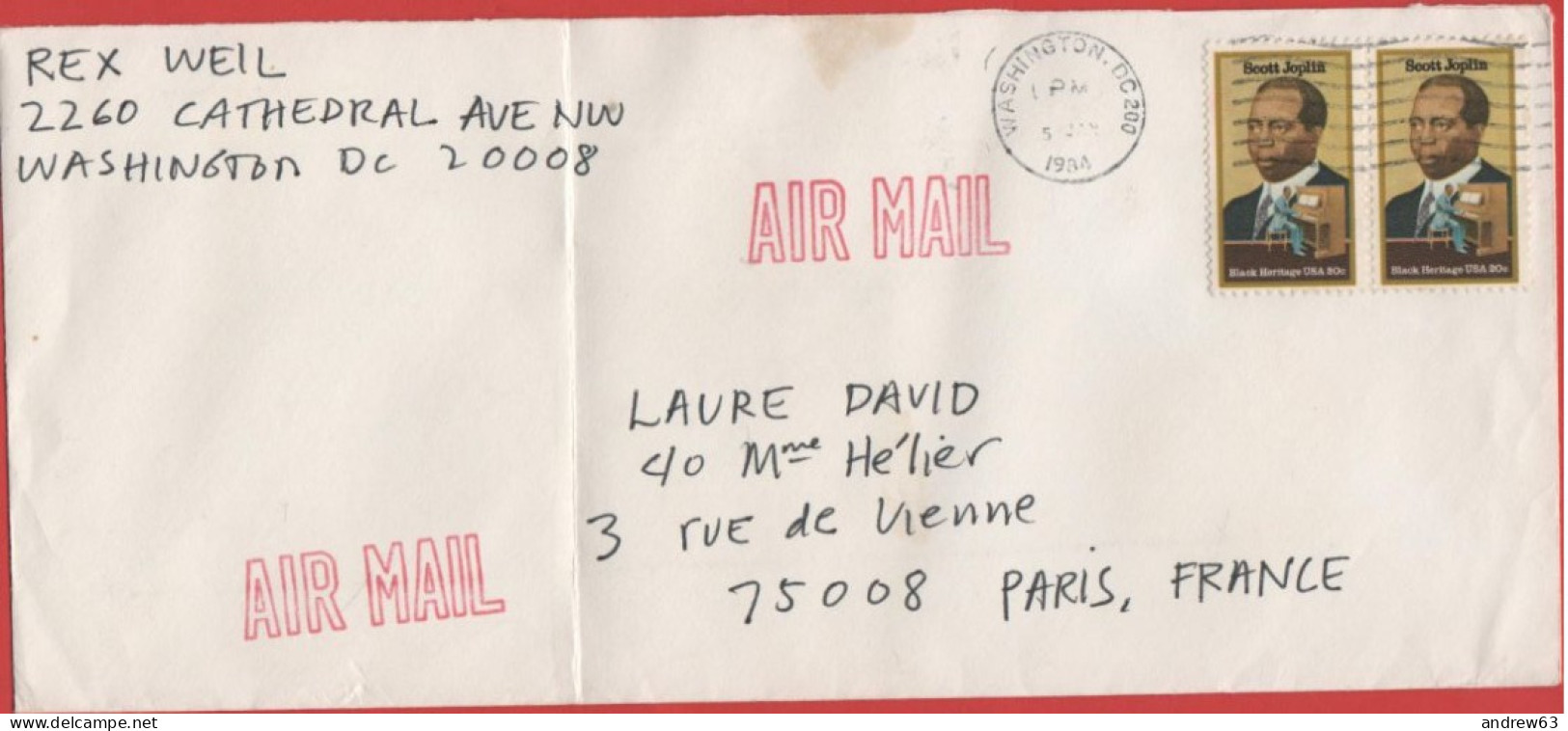 STATI UNITI - UNITED STATES - USA - US - 1984 - 2x 20c Scott Joplin - Air Mail - Viaggiata Da Washington Per Paris, Fran - Covers & Documents