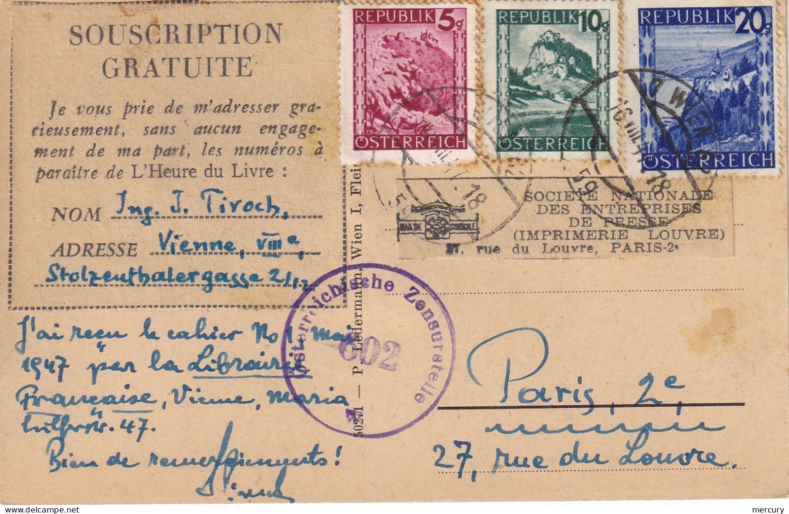 AUTRICHE - Carte Postale Censurée De Vienne Pour Paris Du 16/8/47 - Frankeermachines (EMA)