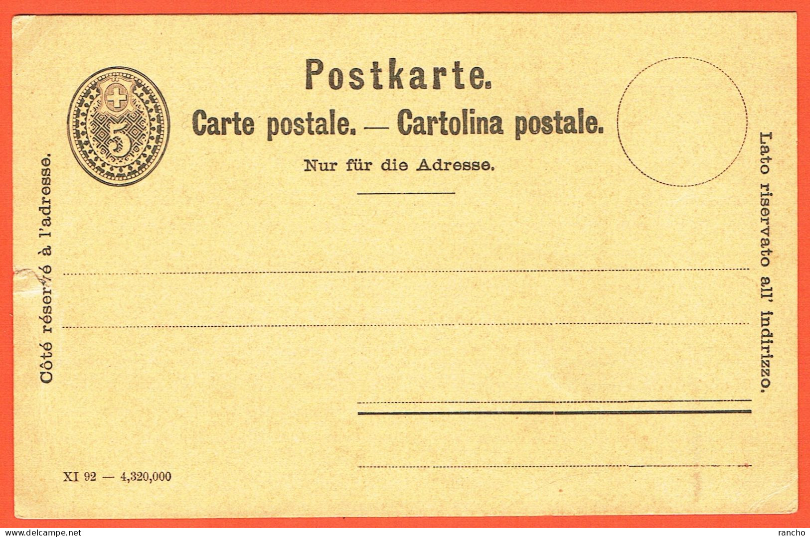 ** SUISSE . CARTE POSTALE . NEUF . 1892 . 5Cts NOIR . ** - Entiers Postaux