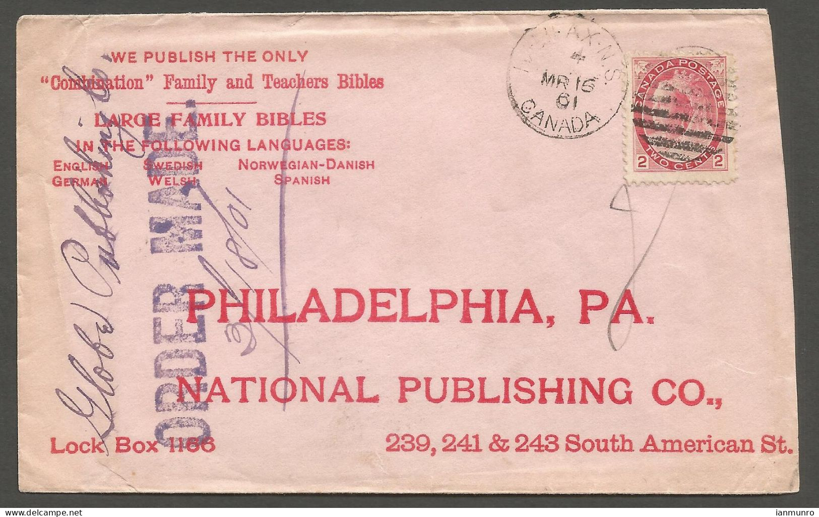 1901 National Publishing Bibles Advertising Cover 2c Numeral Duplex Halifax NS Nova Scotia - Historia Postale