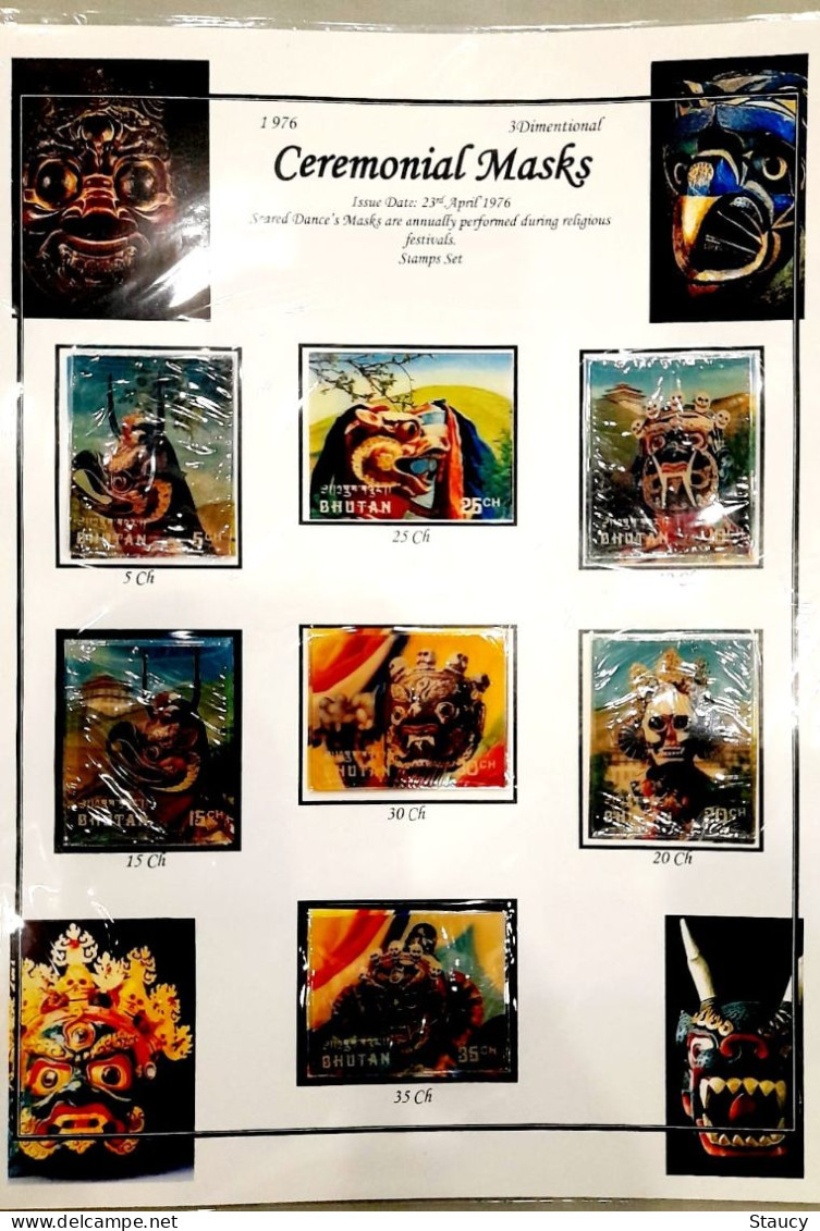 BHUTAN 1976 COLLECTION Of 3d MASKS Official Brochure + 12v SET+2 Souvenir Sheets + 2 Official FDC'S + 8 +2 SS Reg Covers - Costumes