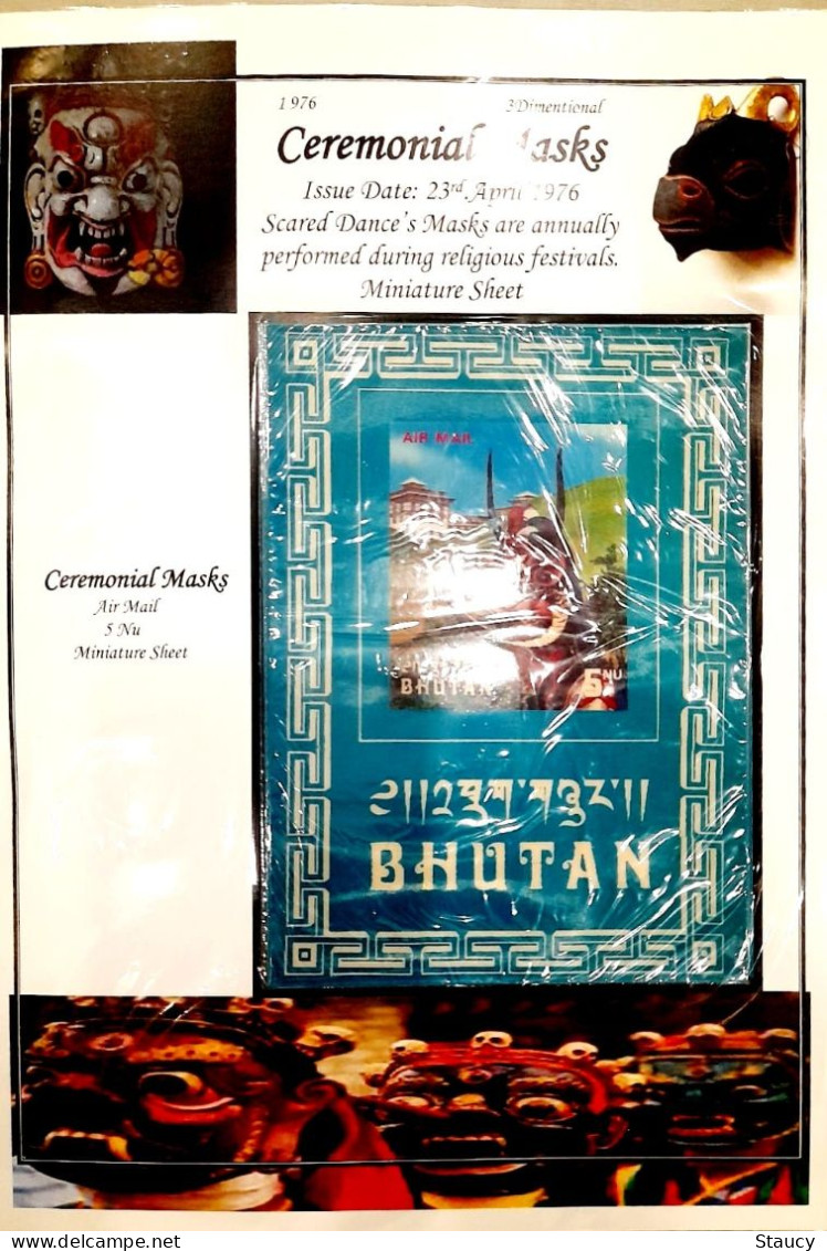 BHUTAN 1976 COLLECTION Of 3d MASKS Official Brochure + 12v SET+2 Souvenir Sheets + 2 Official FDC'S + 8 +2 SS Reg Covers - Costumes