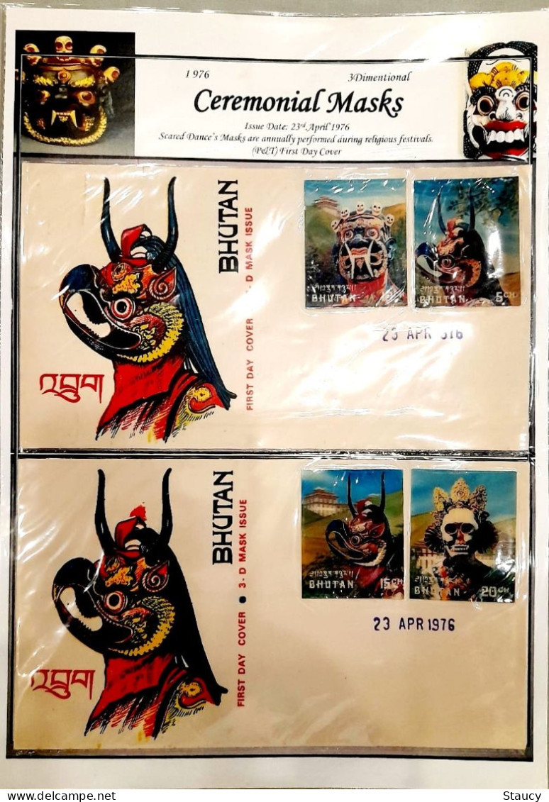 BHUTAN 1976 COLLECTION of 3d MASKS official Brochure + 12v SET+2 Souvenir Sheets + 2 official FDC'S + 8 +2 SS reg covers