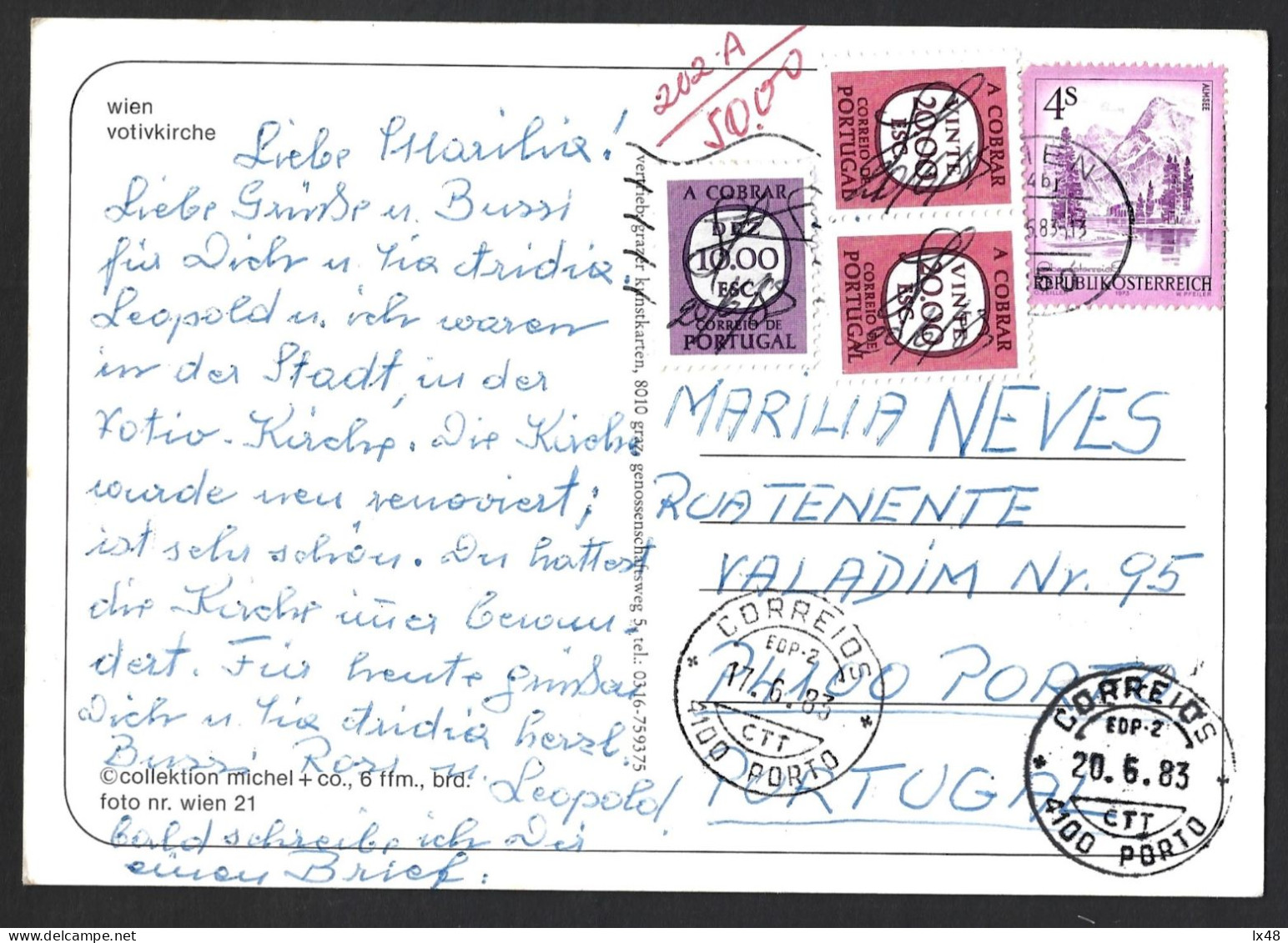 Postal Circulado De Viena, Àustria Para Lisboa Com Multa De 50$00 Em 1983. Postcard Circulated From Vienna, Austria To L - Brieven En Documenten