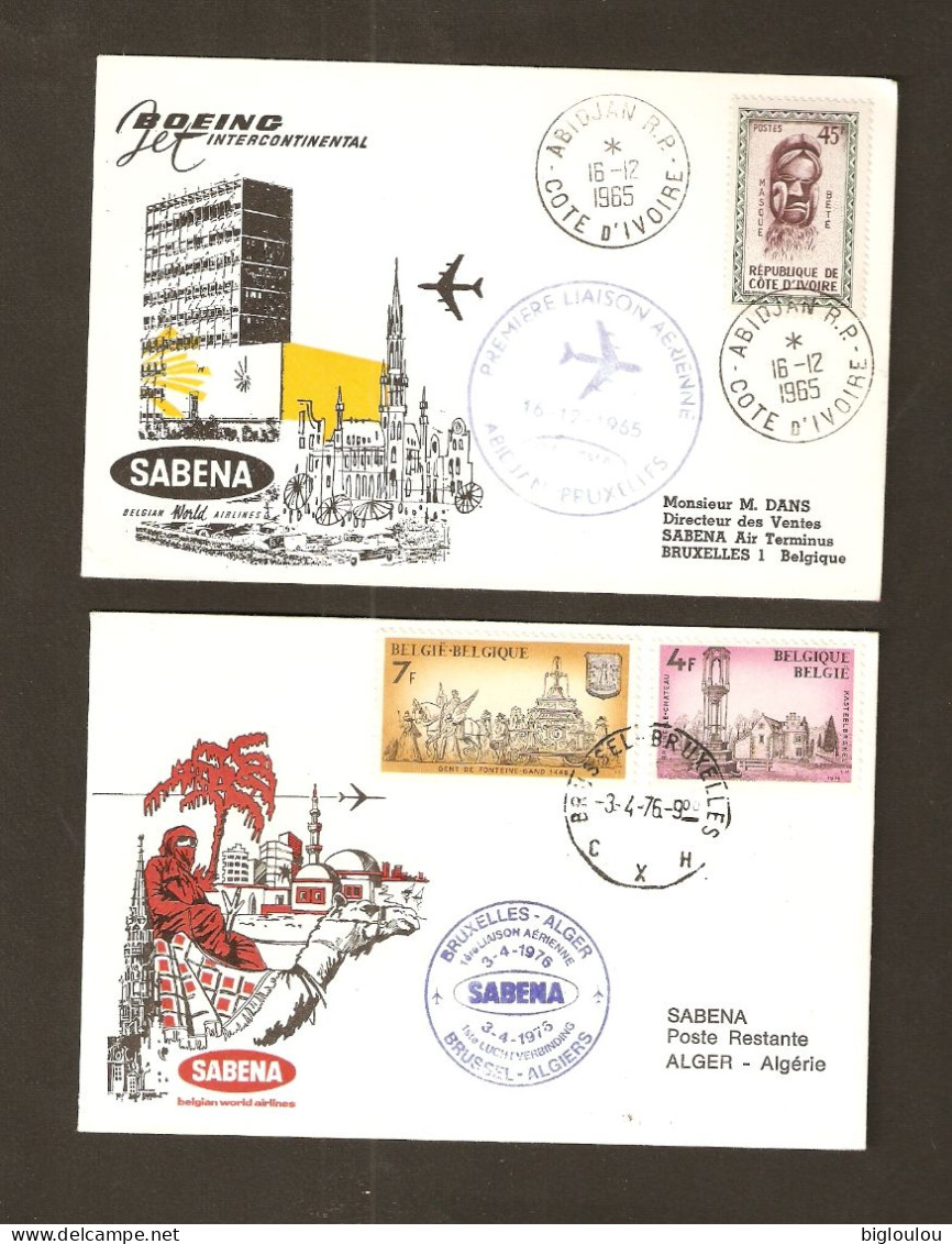 SABENA - Lot De 2 Enveloppes Premier Vol - 1965 Abidjan - 1975 Alger - Briefe U. Dokumente