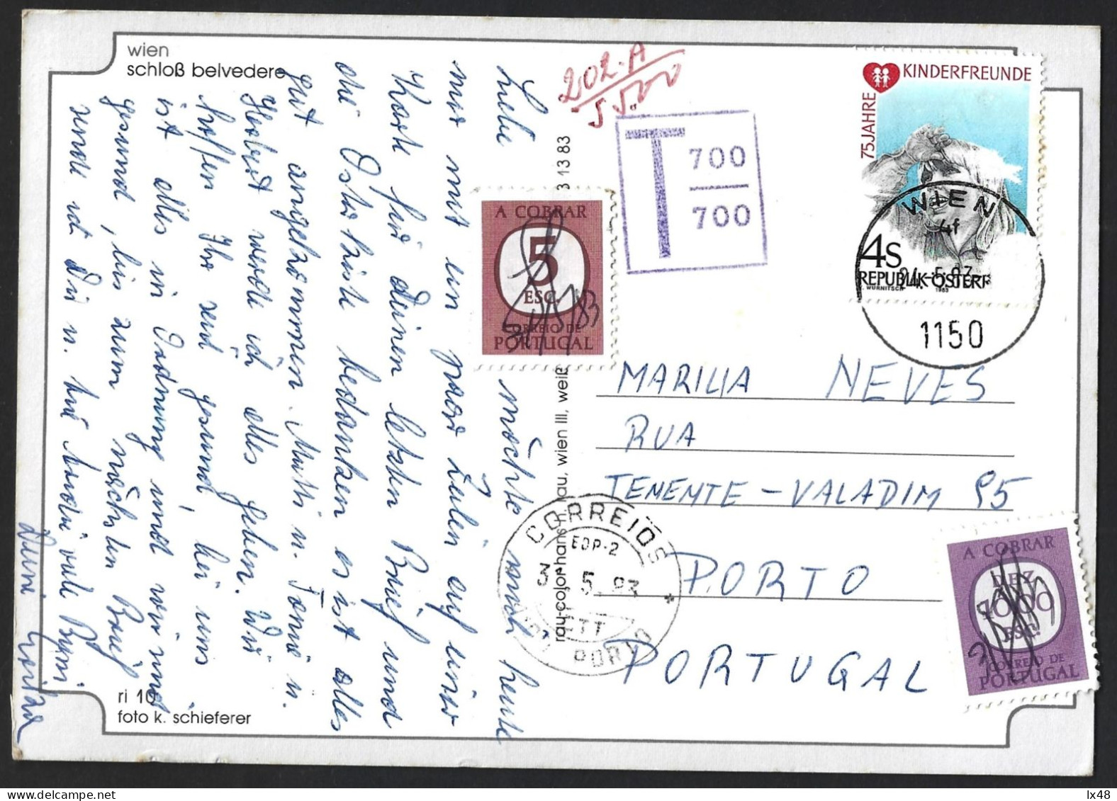 Postal Circulado Viena, Áustria Para Lisboa Multado Em 55$00 1987.Postcard Circulated From Vienna, Austria To Lisbon Fin - Storia Postale