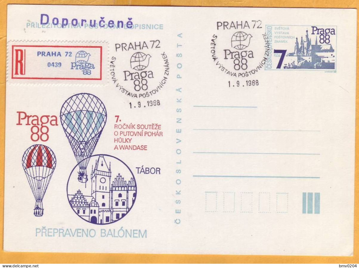 1988 Czechoslovakia Balloon Mail, Special Cancellation. Philatelic Exhibition "PRAGUE-88" - Covers & Documents