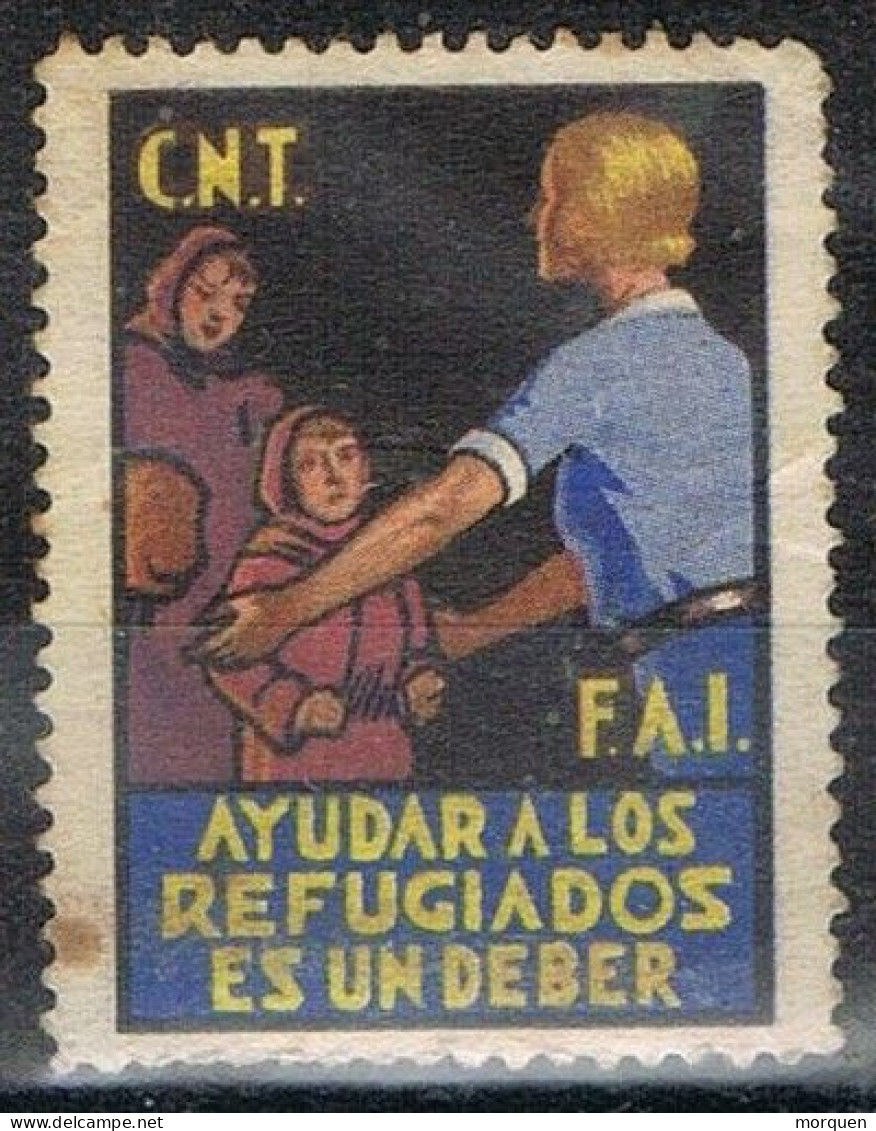 Sello Viñeta C.N.T. - A.I.T. Ayuda Refugiados, Guerra Civil. * - Viñetas De La Guerra Civil