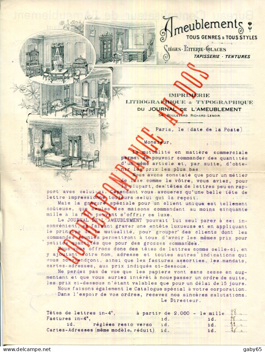 FACTURE.PARIS.AMEUBLEMENTS.SIEGES.LITERIE.GLACES.IMPRIMERIE LITHOGRAPHIQUE & TYPOGRAPHIQUE DU JOURNAL DE L'AMEUBLEMENT. - Druck & Papierwaren