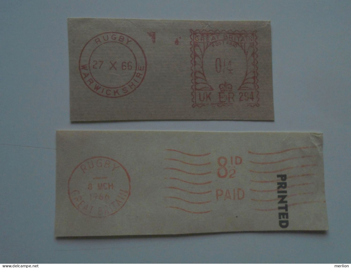 D200500 Red  Meter Stamp  Cut -EMA - Freistempel- UK - RUGBY  1966 Lot Of 2 Pcs - Machines à Affranchir (EMA)