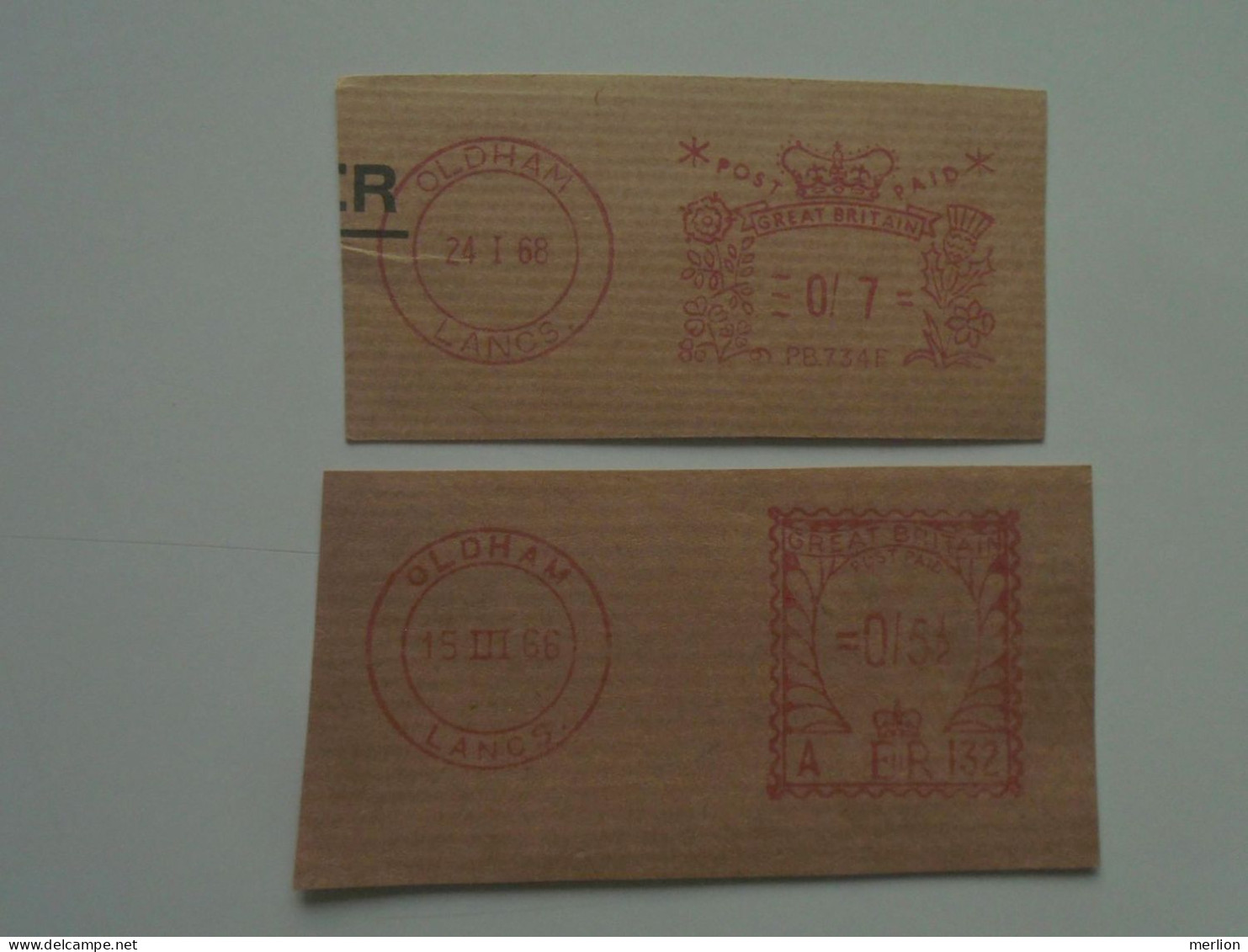 D200501 Red  Meter Stamp  Cut -EMA - Freistempel- UK - OLDHAM 1966 And 1968   Lot Of 2 Pcs - Máquinas Franqueo (EMA)