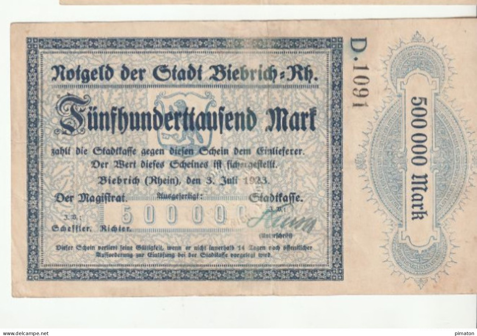 500000 Mark Stadt Biebridj Am Rhein  3 Juillet 1923 - Sonstige – Europa