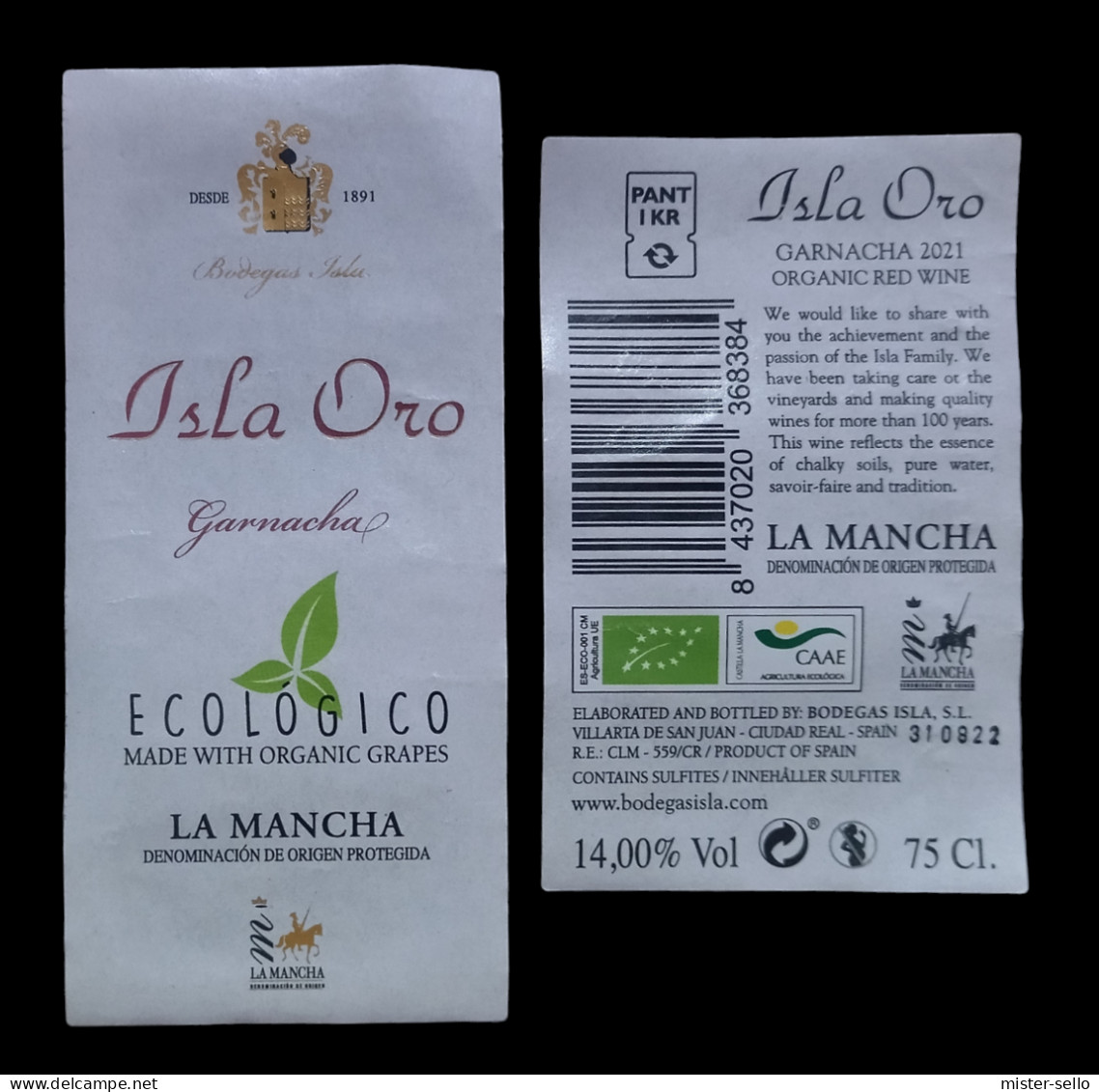 ETIQUETAS VINO TINTO  GARNACHA ECOLÓGICO ISLA DE ORO. - Red Wines