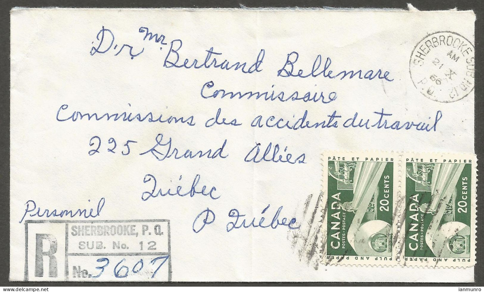 1966 Registered Cover 40c Paper CDS Sherbrooke Sub No 12 PQ To Quebec - Postgeschiedenis