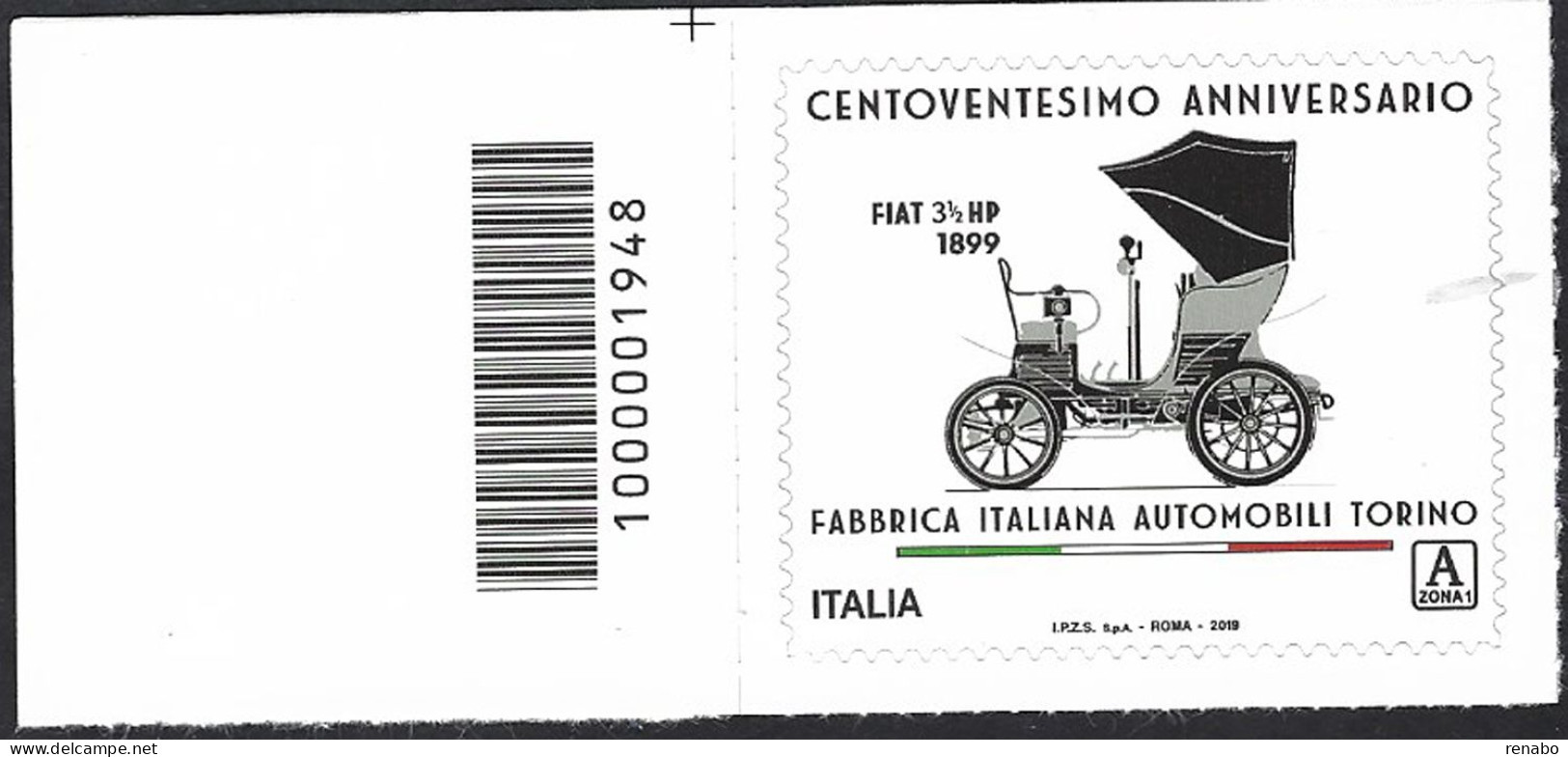 Italia 2019; FIAT , 120° Anniversario, Prioritaria A Zona1; Codice A Barre A Sinistra. - Code-barres