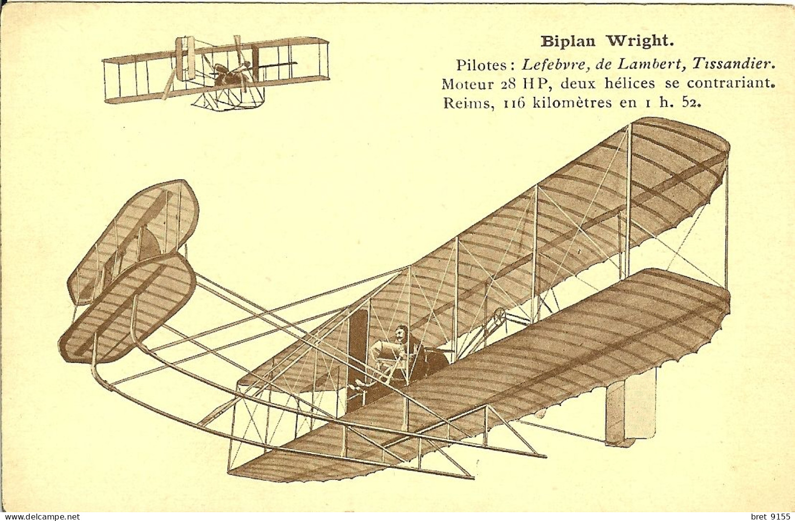 AVIATION BIPLAN WILBUR WRIGHT PILOTES LEFEBVRE DE LAMBERT TISSANDIER MOTEUR 28 HP REIMS 116 KILOMETRES EN 1H52 - ....-1914: Précurseurs
