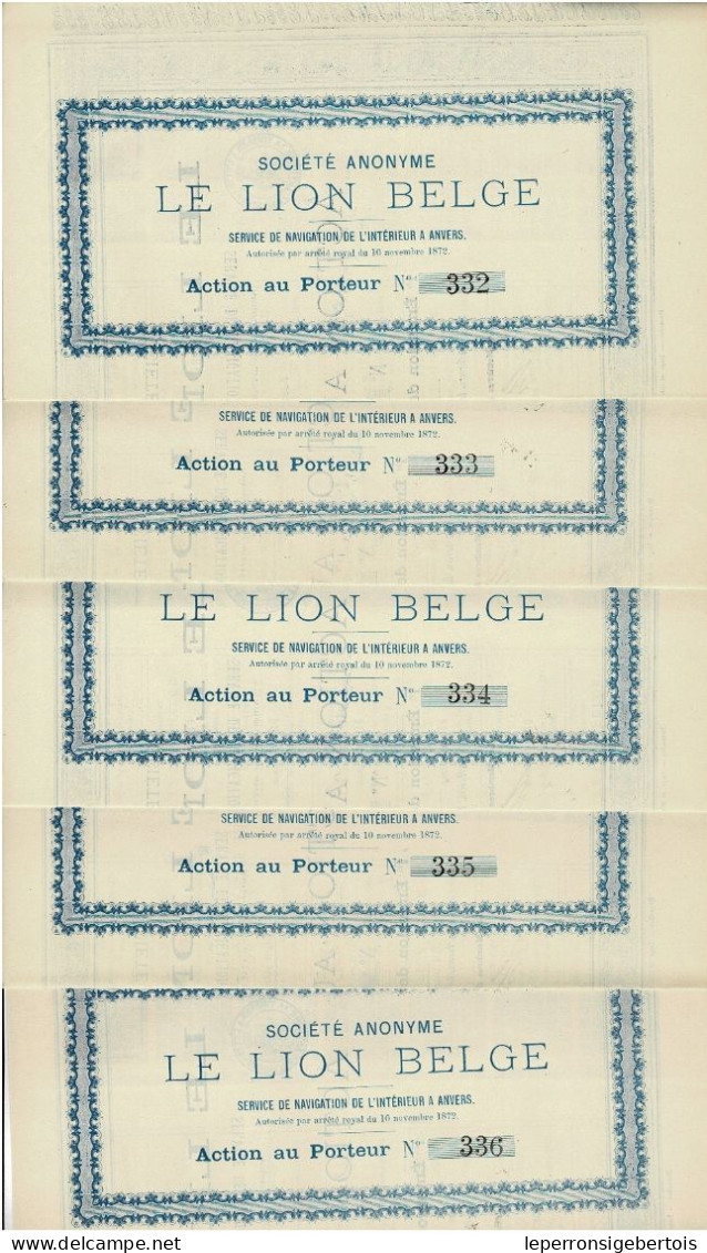 - Lot De 5 Titres De 1873 - Société Anonyme - Le Lion Belge - Service De Navigation De L'Intérieur à  Anvers - Rare - Navigazione