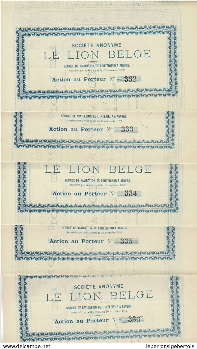 - Lot De 5 Titres De 1873 - Société Anonyme - Le Lion Belge - Service De Navigation De L'Intérieur à  Anvers - Rare - Navigation