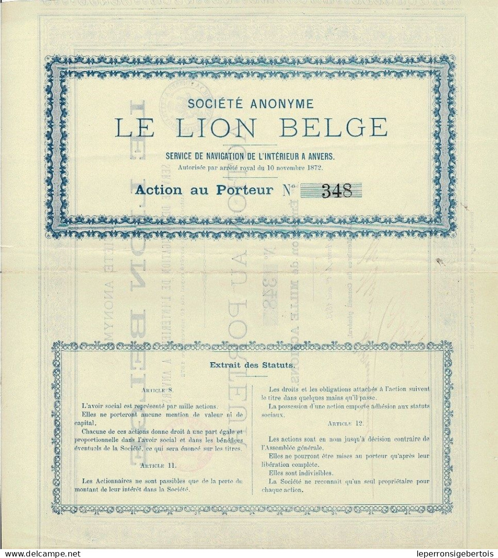 - Lot De 5 Titres De 1873 - Société Anonyme - Le Lion Belge - Service De Navigation De L'Intérieur à  Anvers - Rare - Navy